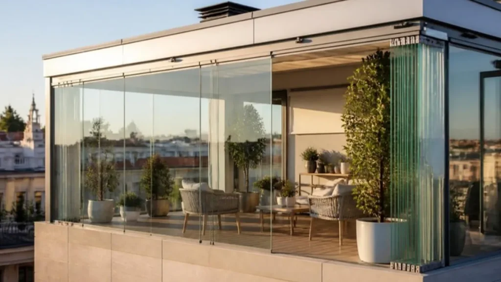 Cortinas de cristal para terrazas en un ático de Madrid con las hojas de vidrio cerradas