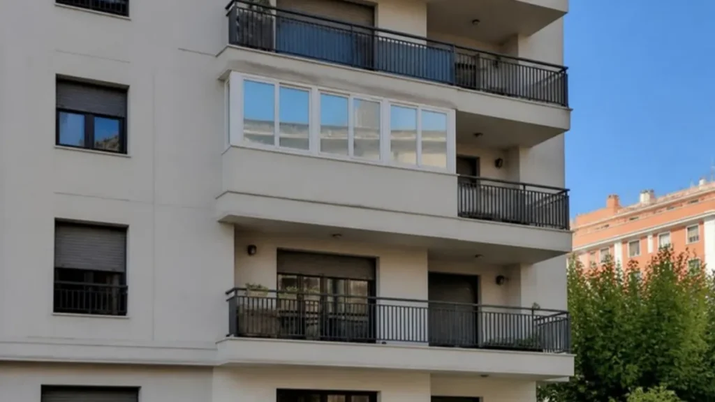 Permiso para cerrar una terraza: edificio de viviendas con un balcón cerrado con correderas de aluminio blanco