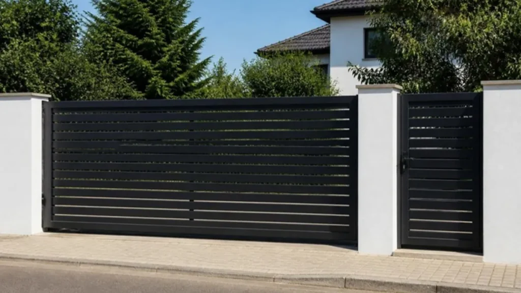 Precio de una puerta metálica exterior: corredera de acero lacado en negro con puerta peatonal a juego
